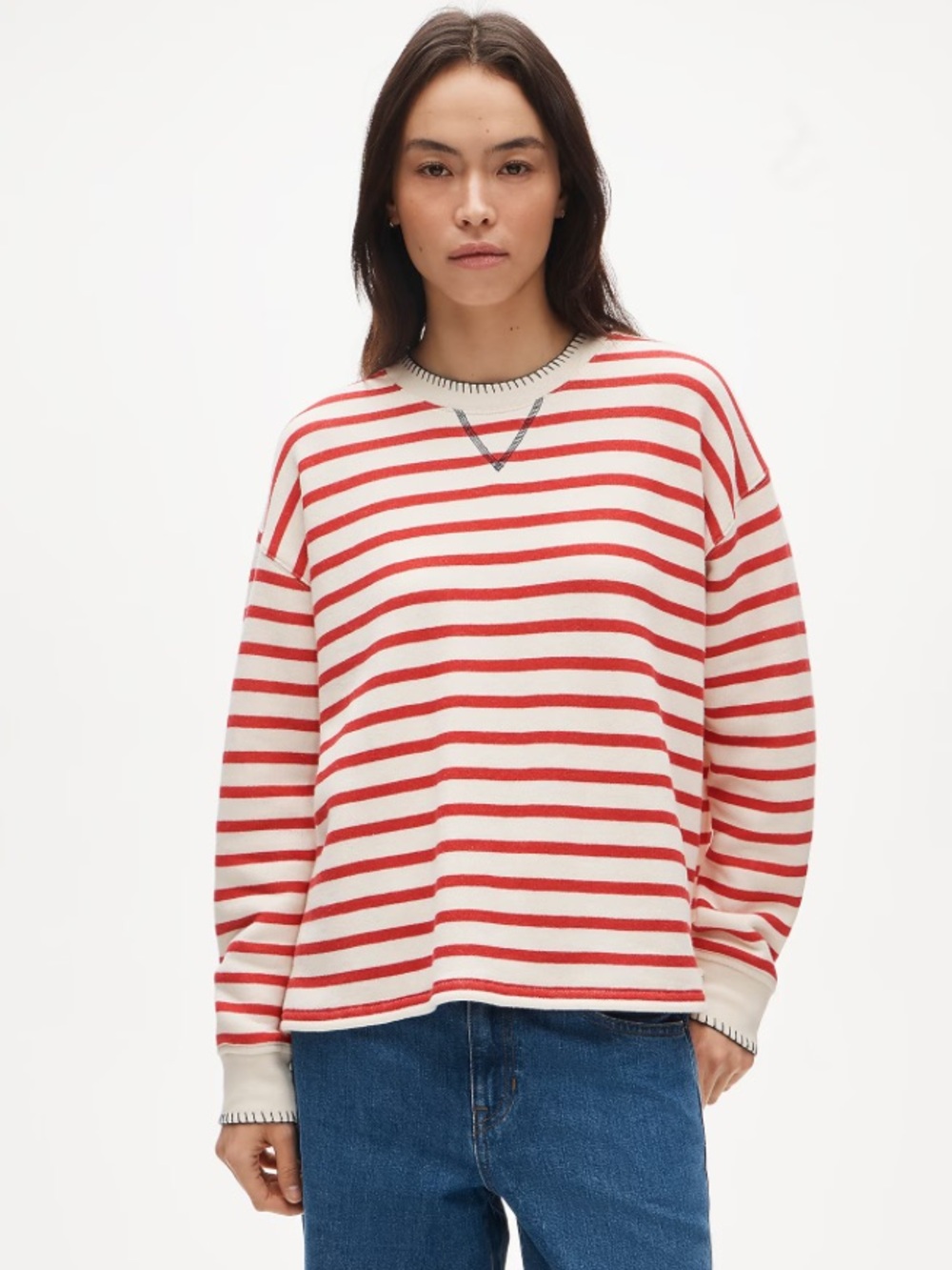 J crew red ivory Contrast-trim heritage terry relaxed crewneck sweatshirt stripe